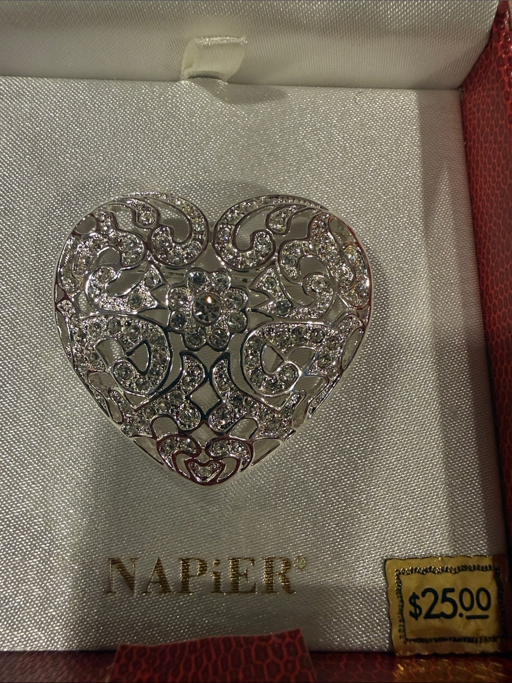 Vintage 90s Napier Silver Heart Filigree Brooch with Clear Crystal Accents - Picture 2 of 6